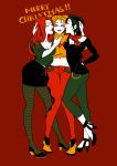  3girls batman_(series) black_hair blonde_hair catwoman christmas dc_comics girl_sandwich harley_quinn high_heels long_hair multiple_girls pants pantyhose patterned_legwear poison_ivy redhead sandwiched scarf short_hair skirt smile striped striped_legwear sweater trio turtleneck twintails yuri 