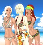  3girls absurdres bangs beach belly_chain bikini blonde_hair blue_eyes blue_sky blunt_bangs bob_cut breasts dark_skin earrings highres hoop_earrings hug hug_from_behind jewelry karui lips mabui_(naruto) multiple_girls naruto navel navel_piercing necklace pale_skin parted_lips piercing redhead samui sarong short_hair sky sousaku_nori swimsuit tubetop twitter_username visor_cap white_hair yellow_eyes 