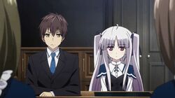  1girl 2boys absolute_duo animated animated_gif brown_hair kokonoe_tooru long_hair multiple_boys school_uniform staring white_hair yellow_eyes yurie_sigtuna 