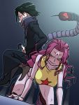 1boy 1girl all_fours black_hair blush breasts chimera_ant doll_joints dutch_angle facial_mark feitan forehead_mark habatakuhituji hunter_x_hunter large_breasts monster_girl purple_hair scorpion scorpion_tail sitting sitting_on_person sword tail weapon zazan_(hunter_x_hunter)