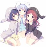  3girls :d animal_hood blue_eyes chimame-tai fang gochuumon_wa_usagi_desu_ka? hair_ornament hood jouga_maya kafuu_chino long_hair multiple_girls natsu_megumi open_mouth pajamas red_eyes redhead shiratama_(shiratamaco) short_hair smile yellow_eyes 