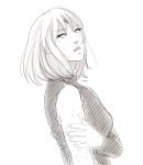  1girl artist_name breasts dymx facial_mark forehead_mark haruno_sakura head_tilt lips long_sleeves monochrome naruto parted_lips shirt short_hair simple_background solo sweat torn_clothes upper_body white_background 