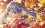  1girl :d aqua_eyes aqua_hair bison_cangshu blue_hair floating_hair flower from_side hair_flower hair_ornament hatsune_miku highres japanese_clothes kimono long_hair looking_at_viewer open_mouth smile solo twintails upper_body vocaloid 
