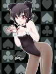  1girl animal_ears black_hair bow bowtie bunnysuit detached_collar glasses glasses_removed highres nzack original pantyhose rabbit_ears red_eyes short_hair wrist_cuffs 