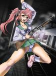  1girl ankle_boots bangs boots breasts cleavage fat_mons glasses gun hair_ribbon highres highschool_of_the_dead large_breasts long_hair panties pantyshot pink_eyes pink_hair pork_(fordfairlane) ribbon rimless_glasses school_uniform shoes shotgun sneakers socks solo striped striped_panties takagi_saya train_station trigger_discipline twintails underwear weapon winchester_model_1887 