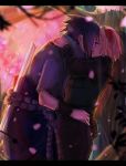  1boy 1girl black_hair closed_eyes haruno_sakura kiss naruto outdoors pink_hair sword tagme uchiha_sasuke weapon 