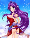  1girl angela_(seiken_densetsu_3) ass bare_shoulders breasts choker crown elf female gloves green_eyes leotard long_hair looking_at_viewer pointy_ears purple_hair seiken_densetsu seiken_densetsu_3 sideboob sky smile solo square_enix very_long_hair 