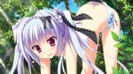  1girl ass bare_shoulders blush bow embarrassed female game_cg hair_bow karumaruka_circle leaf long_hair natsume_koyomi open_mouth pink_eyes solo straight_hair toranosuke twintails white_hair 