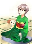  1girl a.ringo brown_eyes character_request crossover cushion grey_hair highres japanese_clothes kimono nagato_yuki sheep short_hair suzumiya_haruhi_no_yuuutsu 