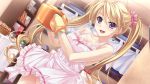  1girl bare_shoulders blonde_hair collarbone earrings female game_cg gloves jewelry kitchen kujou_karen_(tsukumo_no_kanade) long_hair looking_at_viewer no_panties open_mouth saeki_hokuto smile solo tsukumo_no_kanade twintails violet_eyes 