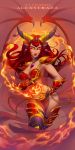  1girl alexstrasza artofcarmen bikini boots carmen_torres detached_collar dragon_girl fire gauntlets highres horns lips long_hair redhead see-through solo swimsuit thigh-highs thigh_boots warcraft wings yellow_eyes 