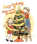  10s 1boy 1girl 2014 bangs billy_batson brother_and_sister brown_hair christmas christmas_tree dc_comics denim dress family garland hat jeans ladder lightning_bolt mary_batson ornament pants pantyhose santa_hat sen_(pixiv111638) shazam siblings smile sweater white_legwear 