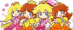  2girls blonde_hair blue_eyes blush_stickers brown_hair crown dress dual_persona earrings fukumitsu_(kirarirorustar) gloves jewelry long_hair multiple_girls nintendo open_mouth parasol princess_daisy princess_peach short_hair smile super_mario_bros. super_mario_land umbrella 