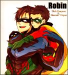  2boys batman_(series) bird bodysuit boots brothers cape carrying character_name cross-laced_footwear damian_wayne dc_comics dick_grayson domino_mask family gauntlets gloves lace-up_boots male_focus mask multiple_boys nightwing piggyback robin_(dc) siblings smile 