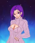  1girl akira_(yuibnm71) breasts cleavage cleavage_cutout fate/stay_night fate_(series) hair_ribbon highres lips long_hair looking_at_viewer no_glasses open-chest_sweater purple_hair ribbed_sweater ribbon rider sleeves_past_wrists solo sweater turtleneck violet_eyes 