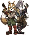  2boys back-to-back belt boots claws fingerless_gloves fox_mccloud furry gloves green_eyes gun handgun headset jacket multiple_boys nintendo red_eyes scarf simple_background smile spike star_fox tail teeth weapon wolf_o&#039;donnell 