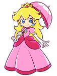  blonde_hair blue_eyes blush_stickers crown dress earrings gloves jewelry long_hair super_mario_bros. parasol princess_peach smile super_mario_bros. umbrella 