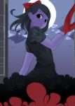  1girl artist_request black_eyes black_hair clawed_girl claws dress female full_moon hair_ornament hair_ribbon looking_back monster_girl moon night purple_skin ribbon skull smile solo stitches they_bleed_pixels 