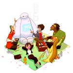  2girls 3boys absurdres arm_up baymax big_hero_6 boxed_lunch bubblegum cherry_blossoms chopsticks dark_skin disney food fred_(big_hero_6) gogo_tomago hairband high_heels highres hiro_hamada honey_lemon marvel mat multiple_boys multiple_girls petals picnic robot sitting wasabi-no-ginger 