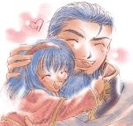  1boy 1girl beard blue_hair closed_eyes facial_hair father_and_daughter fire_emblem fire_emblem:_fuuin_no_tsurugi happy hector_(fire_emblem) hug laughing lilina lowres smile 