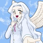  1girl :d angel angel_wings blazer blue_background blush breasts brooch brown_eyes bush buttons dodo_(pixiv39708) dodo_(yad-ddi) feathered_wings feathers foreshortening hand_on_own_chest happy highres jacket jewelry jitsu_wa_watashi_wa long_hair looking_at_viewer neck_ribbon open_mouth outline outstretched_arm ribbon school_uniform shirogane_karen_(jitsu_wa_watashi_wa) shirt sidelocks small_breasts smile solo upper_body very_long_hair wavy_hair white_hair wings 