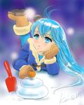  1girl blue_eyes blue_hair chin_rest coat food fruit kagami_mochi kai@wb long_hair lying mandarin_orange mittens on_stomach shovel snow solo winter_clothes winter_coat worktool 