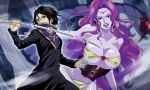 1boy 1girl black_hair breasts chimera_ant cleavage facial_mark feitan forehead_mark hunter_x_hunter large_breasts long_hair looking_at_viewer monster_girl purple_hair revealing_clothes scorpion scorpion_tail tail under_boob zazan_(hunter_x_hunter)