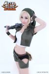  1girl blonde_hair breasts cleavage cosplay gun kasamoto_eri metal_slug midriff navel photo shorts snk solo weapon 