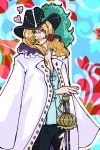  1boy blonde_hair cavendish dressrosa flower hat jacket_on_shoulders long_hair looking_at_viewer male_focus mouth_hold one_piece solo standing sword weapon 