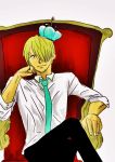  1boy chair crown male_focus one_piece red_upholstery sanji sitting throne 
