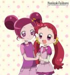  2girls alternate_costume alternate_hairstyle creator_connection crossover floral_background hanasaki_tsubomi hand_holding harukaze_doremi heart heartcatch_precure! highres long_hair multiple_girls musical_note ojamajo_doremi open_mouth pink_eyes pink_hair precure redhead ribbon short_hair skirt smile twintails violet_eyes 