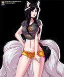  1girl ahri alternate_costume animal_ears bangs black_background black_hair breasts crop_top facial_mark female fox_ears kyoffie12 kyuubi large_breasts league_of_legends long_hair multiple_tails navel open_mouth shorts sidelocks simple_background solo tail watermark web_address whiskers 