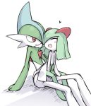  closed_eyes gallade green_hair heart horns kirlia looking_back no_humans open_mouth pokemon red_eyes short_hair simple_background sitting sitting_on_lap sitting_on_person smile utsugi_(skydream) white_background 