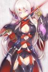  1girl armor belt breasts capcom chickenb cleavage cleavage_cutout female gigginox_(armor) gloves long_hair monster_hunter monster_hunter_3 navel shield solo sword thigh-highs violet_eyes weapon white_hair 