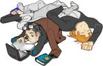  3boys bento_malus black_hair blue_hair book computer densetsu_kyojin_ideon glasses hatari_naburu laptop multiple_boys orange_hair sarmatamra sleeping tekuno_gyabari 