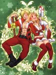  1boy 1girl :d abs blonde_hair blush breasts brown_eyes chest christmas cleavage facial_hair fur_trim hair_over_one_eye high_heels jacket kuri_(pienu) miniskirt nami_(one_piece) one_piece open_clothes open_jacket open_mouth orange_hair red_legwear sanji skirt smile thigh-highs wink 