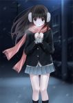  1girl black_hair brown_eyes chikuwa_(glossymmmk) cold earmuffs long_hair looking_at_viewer night original scarf snow 