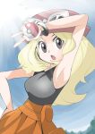  10s 1girl armpits blonde_hair breasts brown_eyes hainchu large_breasts lens_flare long_hair looking_at_viewer open_mouth outdoors poke_ball pokemon pokemon_(game) pokemon_xy serena_(pokemon) skirt sky solo v 