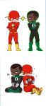  ! !? 2boys ? angry black_hair bodysuit boots chibi crossed_arms cuffs dark_skin dc_comics emblem flash_(series) gloves glowing glowing_eyes green_eyes green_lantern green_lantern_(series) green_shoes handcuffs john_stewart justice_league male_focus mask multiple_boys shoes simple_background sitting teeth the_flash wally_west white_background yellow_shoes 