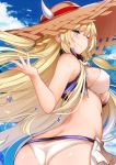  1girl alternate_costume ascot ass azur_lane bangs bikini blonde_hair blue_eyes blue_sky blush braid breasts clouds commentary cropped_jacket day erect_nipples eyebrows_visible_through_hair floating_hair from_behind half-closed_eye hand_up hat highres horns kongou_(azur_lane) large_breasts long_hair looking_at_viewer one_eye_closed outdoors side_braid sidelocks sky sleeveless_jacket smile solo sun_hat swimsuit thighs tobimura tsurime twisted_torso water_drop white_bikini wind 