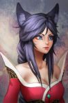  1girl ahri animal_ears artist_request bare_shoulders black_hair blue_eyes breasts detached_sleeves female fox_ears korean_clothes league_of_legends lips long_hair long_sleeves nose solo yellow_eyes 