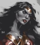  10s 1girl 2014 amazon armor artist_name dawn_of_justice dc_comics dccu gal_gadot grey_background huy_wee_dinh justice_league long_hair portrait realistic solo spot_color tiara wonder_woman wonder_woman_(series) 