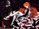  1boy 1girl arrancar black_hair bleach closed_eyes doll_joints dress formal gloves grey_eyes hairband high_heels highres inoue_orihime kneeling long_hair marmalade_(elfless_vanilla) moon orange_hair puppet suit toes ulquiorra_cifer white_skin 