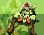  10s 1girl boots borokuro brown_hair chesnaught female green_eyes midriff multicolored_hair navel open_mouth personification pokemon pokemon_(game) pokemon_xy short_hair shorts solo tagme two-tone_hair white_hair 