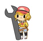  1girl chaobu chibi cidney_aurum curly_hair final_fantasy final_fantasy_xv goggles hat midriff navel short_hair simple_background solo thigh-highs white_background wrench 
