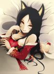  1girl ahri animal_ears apoochin black_hair breasts dutch_angle female fox_ears kyuubi large_breasts league_of_legends long_hair looking_at_viewer lying multiple_tails on_stomach solo tail 