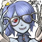  bespectacled blue_hair glasses hair_over_one_eye leviathan_(skullgirls) short_hair skeleton skullgirls smile squigly_(skullgirls) zombie 