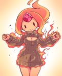  1girl :&gt; adventure_time breasts cartoon_network cleavage flame_princess flaming_hair forehead_jewel long_hair nollety open-chest_sweater orange_skin smile sweater 