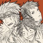  3boys eustass_captain_kid facial_hair goatee goggles hat male_focus monkey_d_luffy multiple_boys one_piece scar sketch smile stampede_string straw_hat trafalgar_law trio 