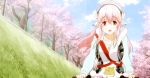  1girl animated animated_gif bicycle cherry_blossoms cherry_trees clouds female long_hair pink_hair red_eyes sky solo soniani super_sonico 